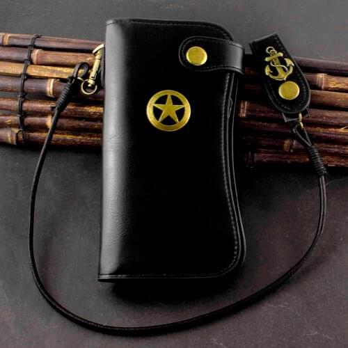 Star Men Snap Long Wallet Clutch Bag Card Purse With Leather Belt Loop Chain