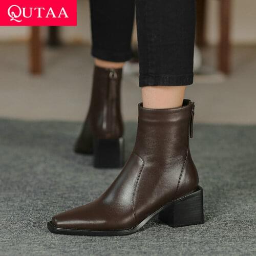 QUTAA 2022 Genuine Leather Autumn Winter Women Shoes Round Toe Square High Heel Motorcycle Ankle Boots Size 34-39