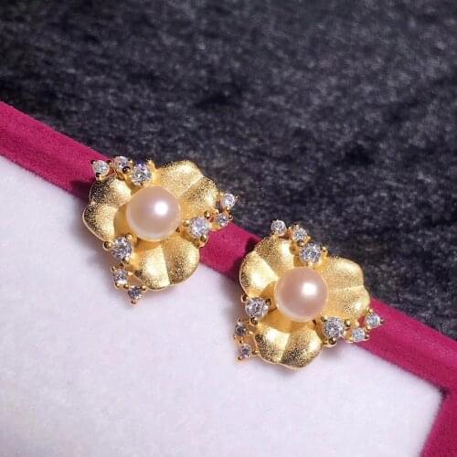 S925 Silver Freshwater Pearl Earrings cute fashion earrings female flower sandblasting Craft Factory