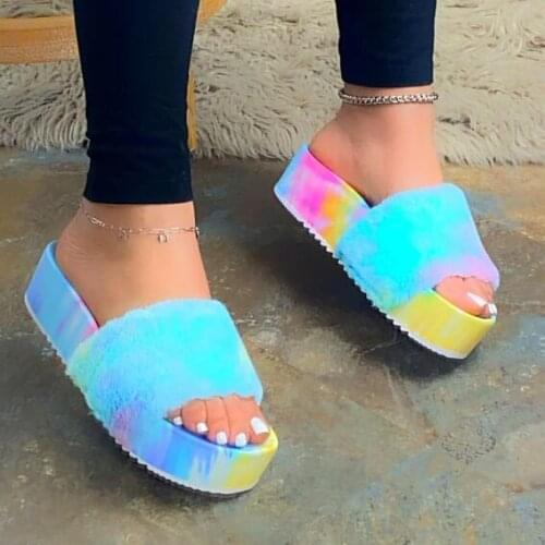 Autumn Women Fashion All-match Thick-soled Slides Shoes Woman Platform Color Printing Sandals Outdoor Casual Fox Fur Slippers