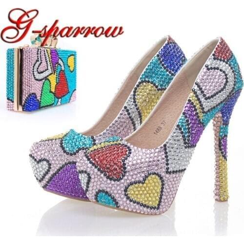 Rhinestone Prom Party Shoes with Clutch Handmade Wedding Shoes High Heel Multicolor Cinderella Pumps with Matching Bag