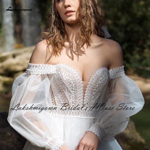 Vestido de Noiva Civil Long Sleeve Wedding Dress 2021 Sparkly Glitter Tulle Bridal Wedding Gowns Lace Up Back Off the Shoulder