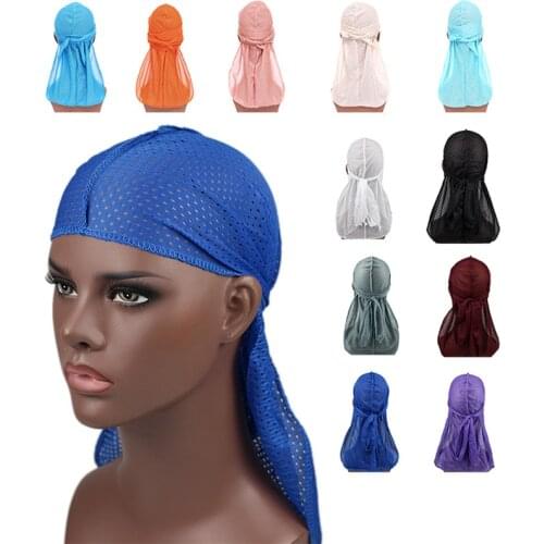 Unisex Hip-Hop Mesh Durags HipHop Breathable Hat Elastic Headwear Hollow Doo Rag Long Tail Women Hair Accessoires Men Chemo Cap
