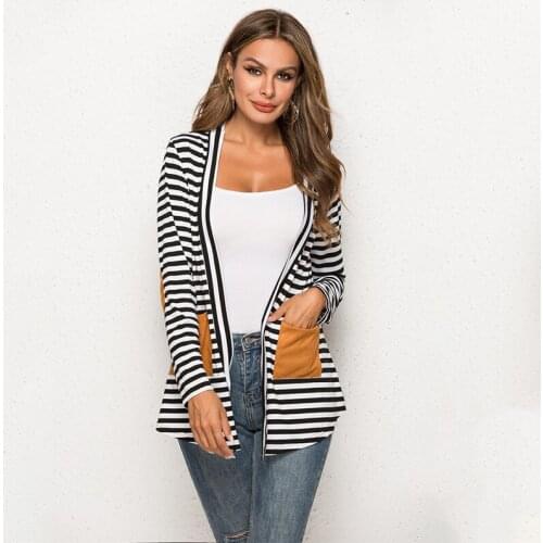 Harajuku Spring Autumn New Long Sleeve Elbow Patchwork Striped Cardigan Women Clothing Black And White Casual Female Outwear