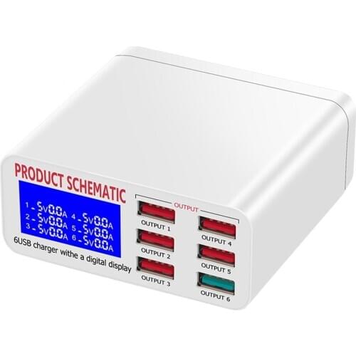 USB Charger Portable Multi USB Port Rapid Charger 6 Port USB Socket Fast Charger with LCD Display for Smart Mobile Phone