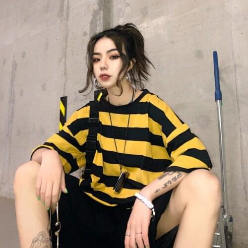 Woman tshirts Harajuku Style Bottoming Shirt Purple Black Striped Student Loose Short Sleeve Female T-shirt Tide t shirt top y2k