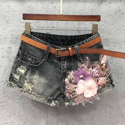 Korean Summer Lady Womens Low Waist Ripped Hole Embroidery Sequins Flower Denim Shorts , Female Women Cuffs Glitter Jeans Shorts