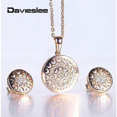 Womens Earrings Pendant Necklace Jewelry Set Cubic Zircon Cut Out Round 585 Rose Gold Jewelry Set for Women Wedding Gifts LGS294