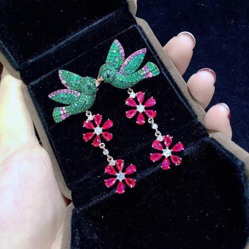 925 sterling silver with cubic zircon birds and flower drop earring green color and red mixed fine women jewelry for party