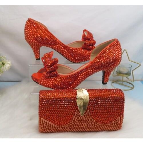 2021 New arrival Orange Crystal Women wedding shoes with matching bags Peep toe High Pumps fashion Open Toe shoes and Purse