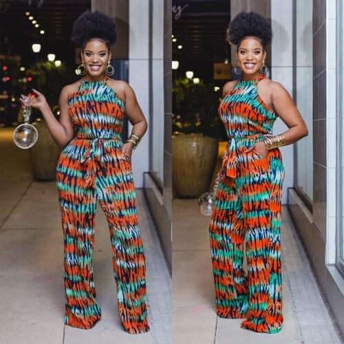Women Summer New Printed Halter Sleeveless Jumpsuit One Piece African Clothes Rompers Overalls Long Wide Leg Pants Female 2021