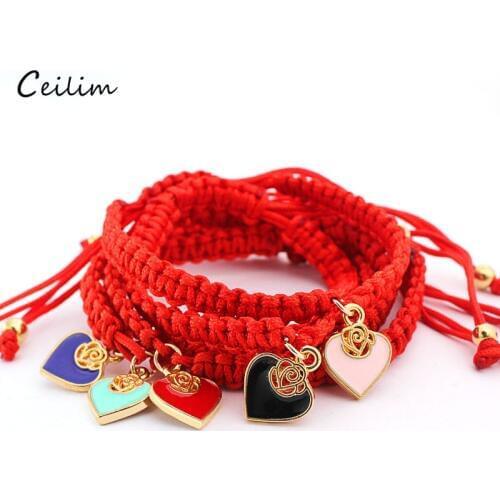 2020 Handmade Red Thread Rope String Bracelets for Women Adjustable Enamel Heart Charms Braided Bracelet Lucky Jewelry Gifts