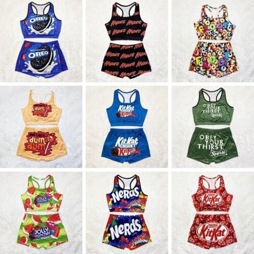 2021 Summer New Womens Shorts Set Candy Snacks Printed Pattern Shorts Short Sleeve Set Womens Sports Suit