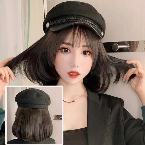 Women Stylish Bob Straight Short Wig Hairpiece Hair Extension with Peaked Cap Naturally Connect Hat Wig Adjustable