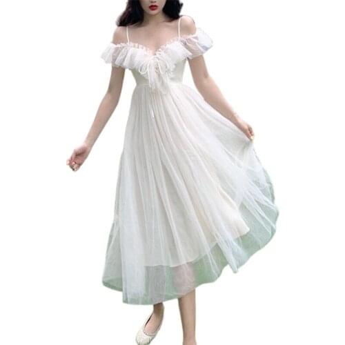 Ruffle Off Shoulder Summer Woman Dress Mesh Long Beach White Party Dresses for Women Korean Sexy V Neck Bandage Vestidos