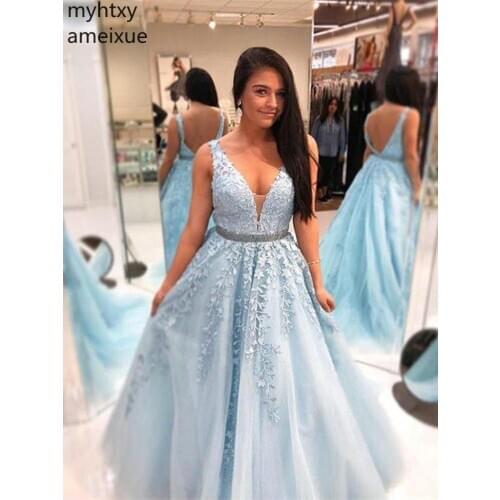 New Glamorous Straps Beaded Lace Appliques Tulle A-line Plus Size Blue Evening Dresses Party Prom Formal Gown Robe De Soiree