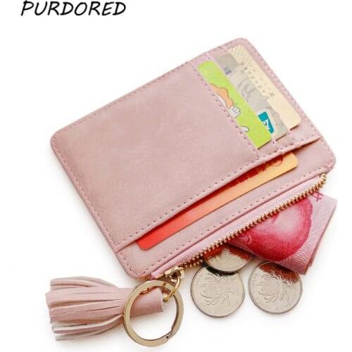 PURDORED 1 Pc Mini Tassel Card Holder Matt Leather Women Business Card Case Zipper ID Card Holder Coin Purse Keychain Wallet