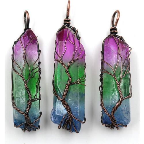 1Pcs Natural White Crystal Stone Gemstone Tree Of Life Wire Wrapped Natural Clear Quartz Healing Crystal Point Pendant Necklace
