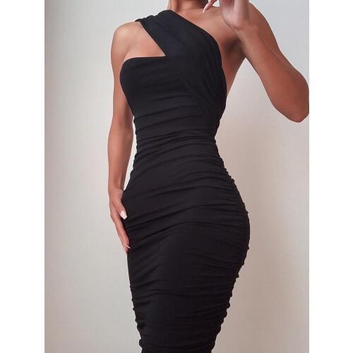 2020 Women Elegant Sexy Slim Fit Midi Black Party Dress Female Slinky Dress One Shoulder Sleeveless Ruched Bodycon Dress