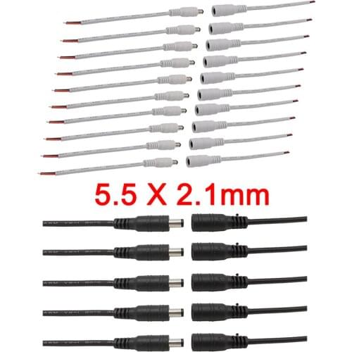 10Pcs 5.5 x 2.1mm 12V DC Power Supply Plug Jack Pigtail Cable Connectors Black White DC Male Female Wire Adapter For LED Strip