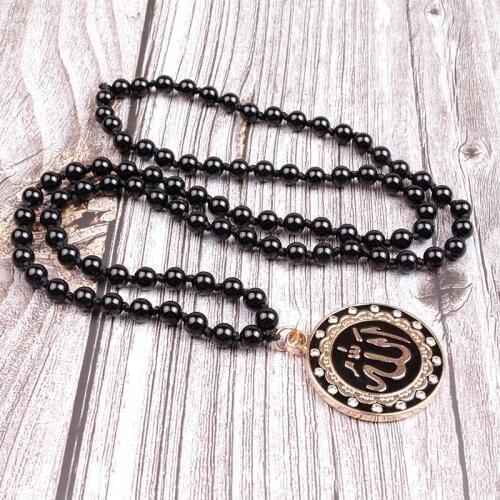 6mm stone bead & Allah Pendant Muslim Necklace Gift For Women Men