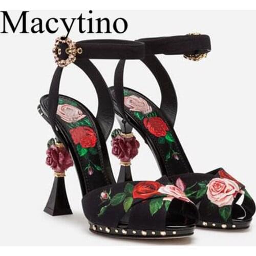 High end design high heels rose flower insert strange heel summer sandals floral printing formal wedding party shoes women