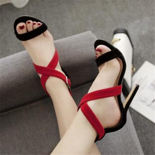 Shoes Thin High heels Candy Bright Color Hollow Roman Women Sandals Round Toe Flock 11CM Buckle Strap women shoes size 35-42