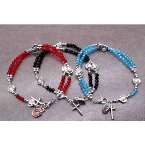 Religious charm crystal rose beaded bracelet. Jesus Cross Bracelet, Catholic Bracelet, Random Picture.48PSC