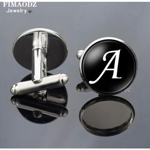 FIMAODZ Fashion A-Z Single Alphabet Cufflinks High Quality Glass Silver Color Letter Cuff Links for Mens Luxury Wedding Jewelry