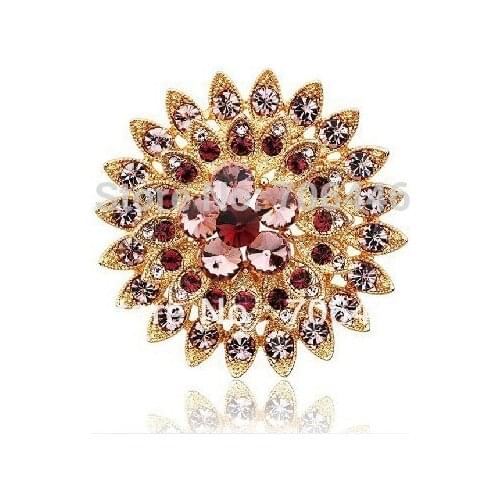 Purple and Lilac Rhinestone Crystal SunFlower Diamante Pin Brooch Rose Gold Tone