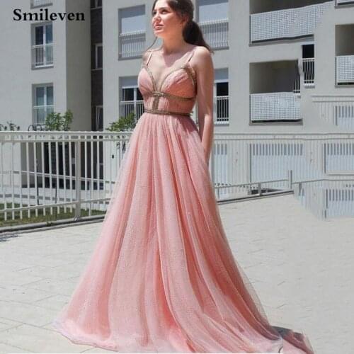 LORIE Nude Pink Shiny Glitter Tulle Evening Dresses 2021 V Neck Sexy Prom Gowns Elegant Backless Wedding Party Dress