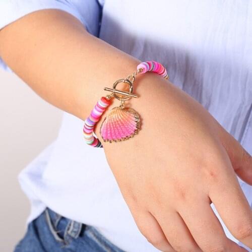 Fashion Polymer Clay Bracelets for Women Boho Shell Charm Elastic Soft Pottery Female Bangles Summer Beach Jewelry 2021 New