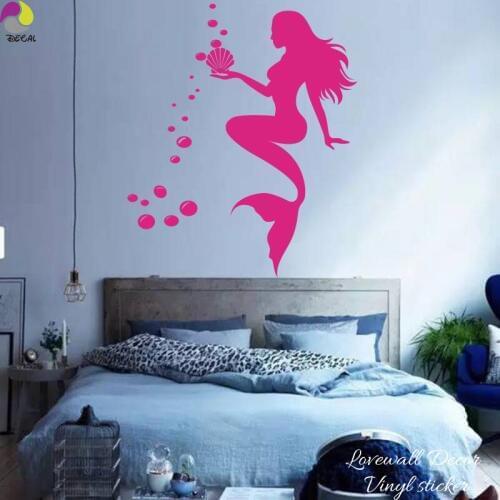 Cartoon Mermaid Wall Sticker Baby Nursery Cute Nymph sexy Girl Ocean Fish Bubbles Wall Decal Bathroom Kitchen Vinyl Home Decor