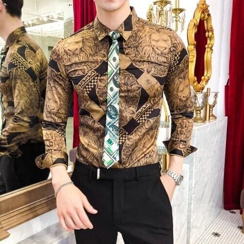 Gold Printed Shirt 2021 Spring Mens Long Sleeve Tuxedo Shirt High Quality Fashion Brand Casual Slim Mens Clothing Shirt