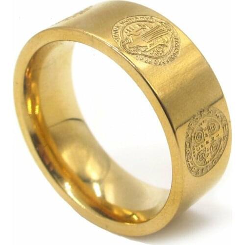 Mens Gold Catholic St Saint Benedict Exorcism Medal Ring Band Size 7-13