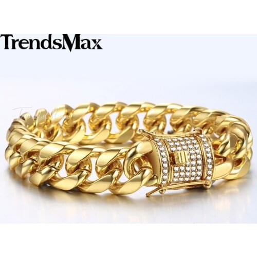 14mm Mens Bracelet CZ Gold Miami Curb Cuban Link Chain Bracelets 2018 Fashion Hip Hop Male Jewelry Dropshipping KGB451