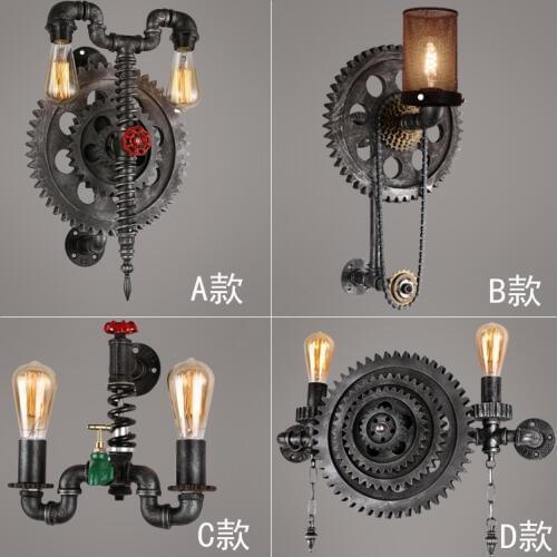 Loft Style Wood Gear Water Pipe Lamp Industrial Vintage LED Wall Light Fixtures Bedside Edison Wall Sconce Indoor Lighting