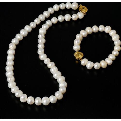 Natural pure With Regular design Milky yellow Near Round 9-10 mm beads Pearl Necklace and Bracelet suit