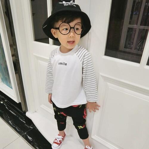 2018 Autumn New Childrens T Shirt Clothes Baby Boys Long-sleeved Cartoon Smile Face Tee Shirts Korean Toddler Striped Top Tees