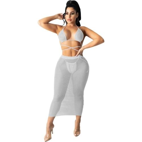 Solid Color Sexy Party And Club Two Piece Outfits Women Skirts Sets Sleeveless Bras Top Tee And Vintage Sexy Midi Bodycon Dress