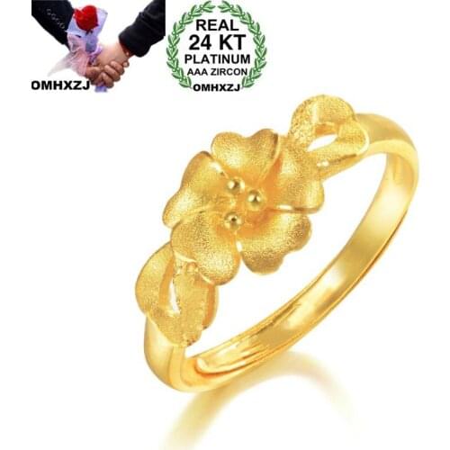 OMHXZJ Wholesale European Fashion Woman Girl Party Wedding Gift Flower Resizable 24KT Yellow Gold Ring RR806