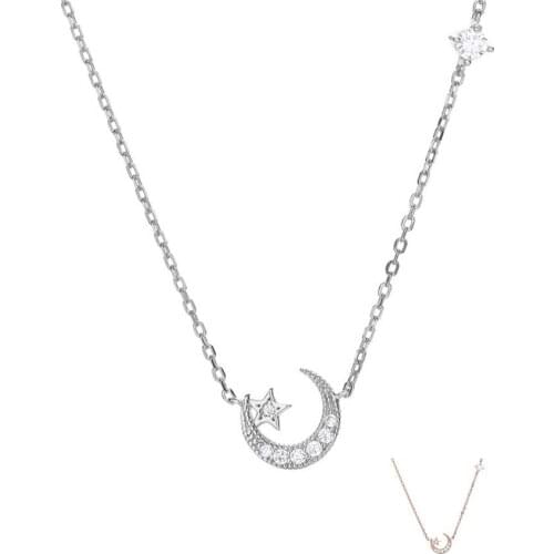 SILVERHOO 925 Sterling Silver Necklace For Women Sparkling Zircon Star Moon Pendant Necklaces Romantic Valentines Day Jewelry