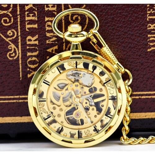 Full Golden Mechanical Pocket Watches Skeleton With Fob Chain Watches Vintage Retro Best Gift for Women Men Clock PJX050