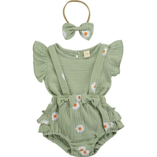 3 Pcs Baby Girls Casual Outfits Solid Color Fly Sleeve Round Neck Pullover + Daisy Print Suspender Pants + Bowknot Headband