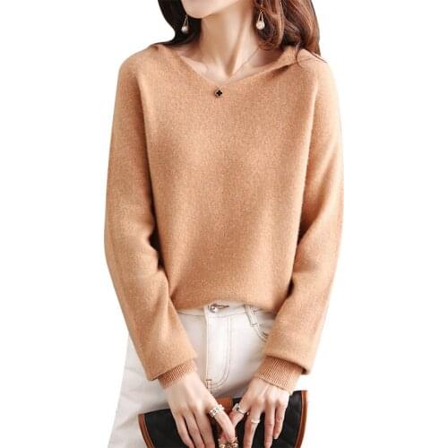 100% Pure Wool Sweater Womens Hooded 2021 Autumn Winter Large Size Loose V-Neck Warm Pullover Knitted All-Match Bottoming Shirt