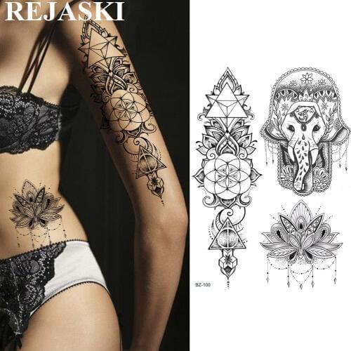 REJASKI Hamsa Hand Ganesha Elephant Temporary Tattoos For Women Sticker Black Body Art Custom Tattoo Sexy Lotus Fake Tatoos