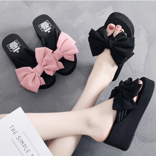 6cm High Heel Womens Fashion Wear Casual Sandals and Slippers Summer Fashion New Elegant Bow Sandals Womens Slippers Indoor