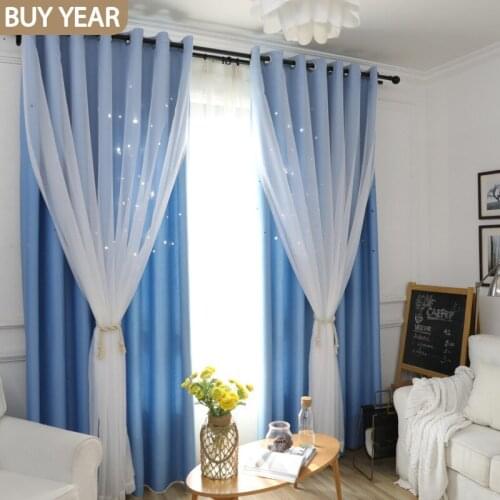 Korean Style Curtains for Living Room Bedroom Hollow Stars Ins Princess Wind Curtains Blue Pink Multicolor Optional Custom Made
