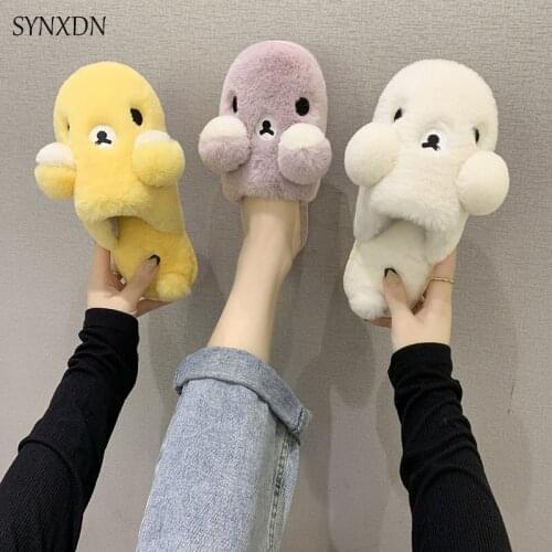 SYNXDN 2021 Winter Soft Home Women Slippers Cute Animal Shape Shoes Floor Flat Faux Fur Indoor House Slippers Girls Footwear