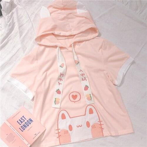 Mori girl Harajuku Cute Cat Embroidery Womens Hooded Short Sleeve T-shirt Tee Kawaii Strawberry Print Girl Student Summer Tops